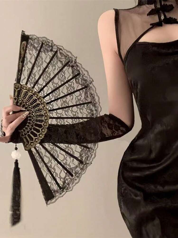 1把復古文藝蕾絲邊蘭花摺扇，淑女風精緻工藝扇，耐用易開夏季手扇，舞廳表演漢服時尚攝影道具，優雅桌面裝飾收藏飾品，畢業季完美禮物 - 蕾絲扇 - 查看 4