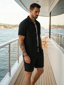 Summer American Linen Jacquard Loose Breathable Striped Men's Short Sleeve Casual Shirt - Black - View 3