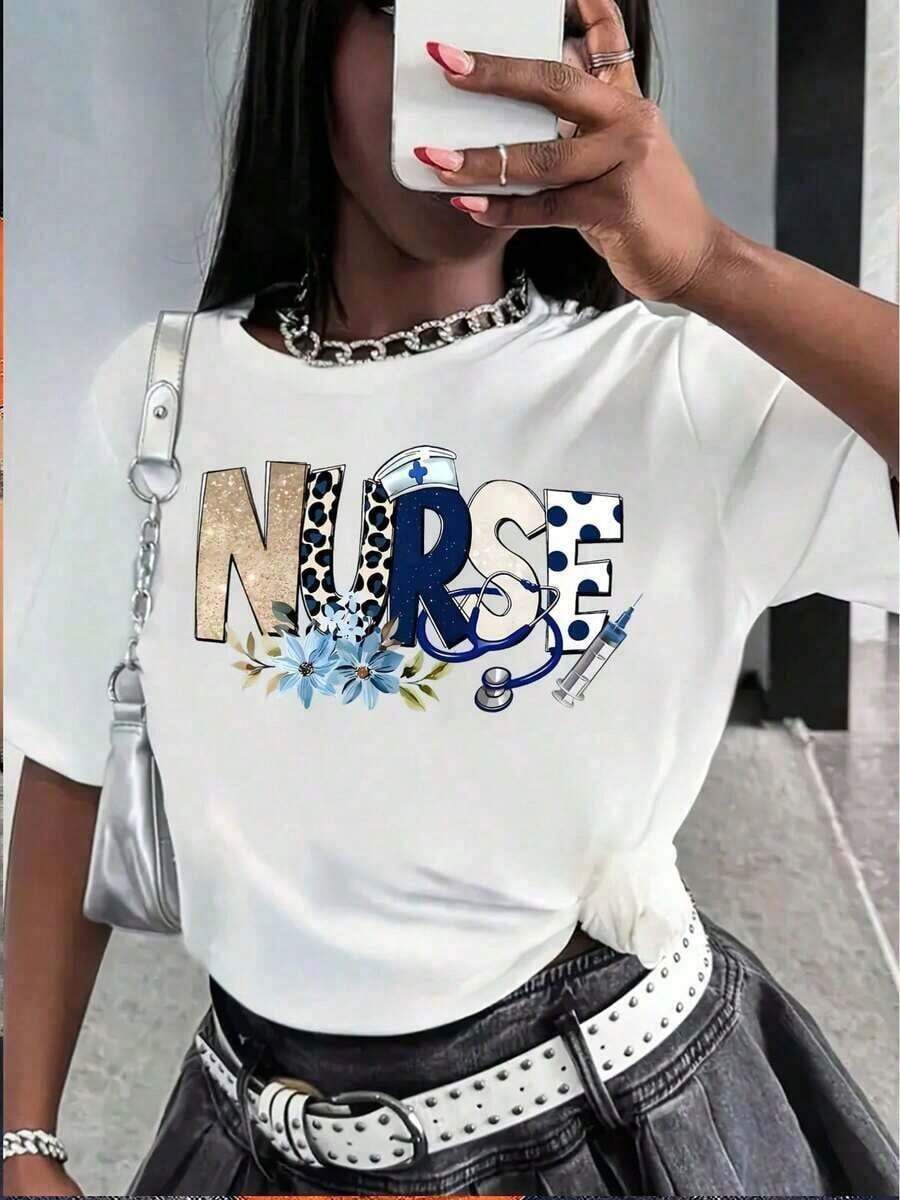 Athletic T-Shirt, Comfortable Nurse T-Shirt, Breathable, Graphic Print For Women Nurses | Casual Short Sleeve T-Shirt, Floral And Leopard Print Details, Machine Washable, For Nursing Professionals And Casual Wear, Gifts For Nurses, Comfortable T-Shirt, Durable Casual Clothing | Relaxed Fit | Plus Sizes - 白色的 - 查看 1