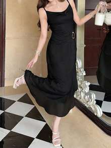 Elegante Vestido de Satén con Cuello Drapeado, Detalle de Volantes y Corte Largo – Color Sólido para Mujer - Negro - Ver 8