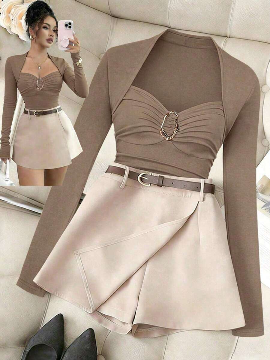 Nuevo conjunto de moda elegante estilo francés, blusa de cuello cuadrado con pliegues que favorece el busto, camiseta de manga larga de ajuste ceñido + falda-pantalón asimétrica de cintura elástica, conjunto casual y versátil de 2 piezas para muje - Multicolor 3 - Ver 1