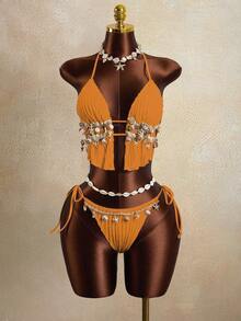 Conjunto de Bikini Sexy de Tres Piezas con Tirantes Delgados para Mujer, Ideal para Vacaciones - Blanco - Ver 10