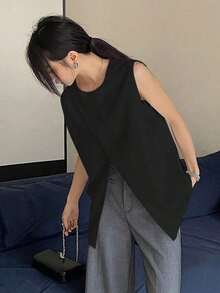 Camiseta sin mangas de negocios casual para mujer con cuello de pico y bajo dividido de unicolor - Negro - Ver 4
