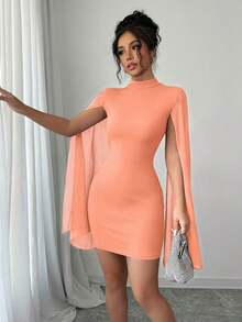 Vestido de capa ajustada con cuello mao de unicolor - Naranja - Ver 4