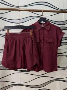 Women's Shirt And Shorts Set With Lining - 酒紅色 - 查看 4