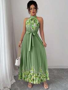 YHHElenzga Vestido holgado de verano elegante con estampado floral y cuello halter para mujerYHH - Verde militar - Ver 3