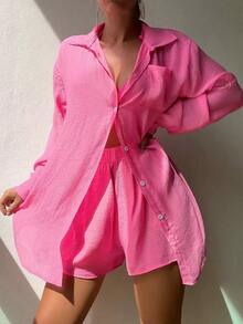 Swim Vcay Set cover up unicolor con botón delantero - Rosa Fucsia - Ver 4