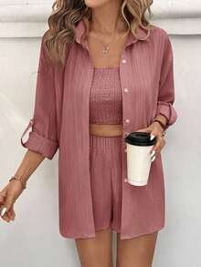 Conjunto de dos piezas de mujer en tela tejida color caqui: Top corto casual con cuello y pantalones cortos con mangas a la muñeca y detalles de bolsillo, para vacaciones - Rosa - Ver 5