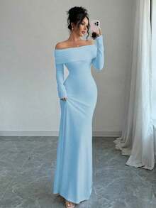Vestido largo de punto acanalado con manga larga, cintura ceñida, hombros descubiertos, espalda descubierta, doblez de cola de pez, elegante y sexy, color blanco, para otoño/invierno, atuendo de mujer maxi - Celeste - Ver 4