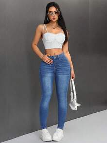 PETITE Jeans De Cintura Alta Para Mujer Ajustados - Azul lavado medio - Ver 5