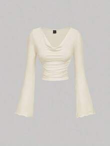 MOD Conjunto de camiseta de manga larga ajustada con cuello de volantes, mangas acampanadas y plisadas en 3 colores - Burdeos 2 - Ver 3