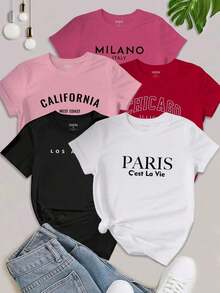 Unity 5 PIEZAS Camiseta casual de mujer con estampado de lema y manga corta, blusas gráficas para mujer - Multicolor 6 - Ver 1