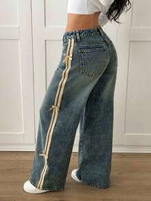 PETITE Jeans de pierna ancha de cintura baja con bloque de color lavado, decoración de lazo para mujer, jeans de mezclilla de lavado oscuro de invierno, vintage, streetwear, para fiesta de Año Nuevo - Azul lavado oscuro - Ver 2