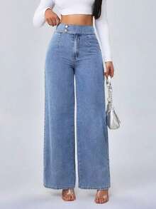 Tall Pantalones vaqueros para mujer de cintura alta, estilo casual, pierna ancha y recta, color azul, para mujeres de estatura alta - Azul lavado medio 2 - Ver 5