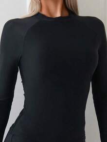 Swim Lushoire Rashguard de manga larga modesto de unicolor para playa de verano y pantalones cortos de natación - Negro - Ver 3