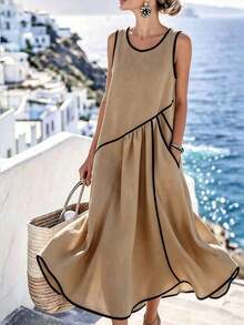 Holidaya Vestido casual de vacaciones con borde de color contrastante, bolsillo asimétrico, vestido largo casual, vestido de primavera/verano para mujer - Caqui - Ver 2