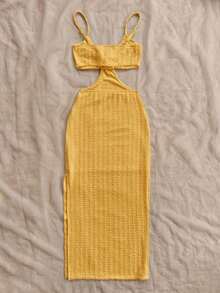 Camiseta de tirantes casual y sexy con recortes en la cintura, de tela con textura para vacaciones - Amarillo - Ver 2