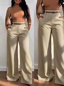 Pantalones casuales de cintura alta, pierna recta y sueltos para mujer, primavera - Caqui - Ver 1