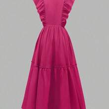 Women's Elegant Holiday Solid Color Cap Sleeve Ruched Patchwork Short Casual Dress, Spring/Summer - Rosa Fucsia - Ver 4