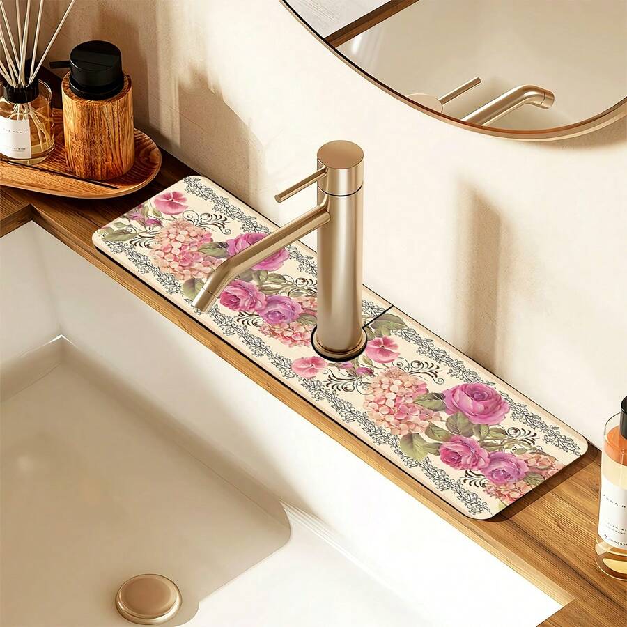1pc Floral Pattern Faucet Cover, Durable Polyester, Quick Drying, Easy To Clean, Suitable For Kitchen And Bathroom, Easy Installation, Daily Decor, Gift, Bathroom Mat, Durable Faucet Cover, Faucet Accessory - Multicolor - View 1