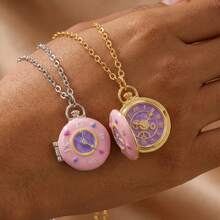 Openable Enamel Pocket Watch Locket Necklace, Gold/Silver Plated Whimsical Clock Charm Pendant, Cute Alice In Wonderland Inspired Jewelry For Women - Dây chuyền đồng hồ bỏ túi bằng bạc - Xem 1