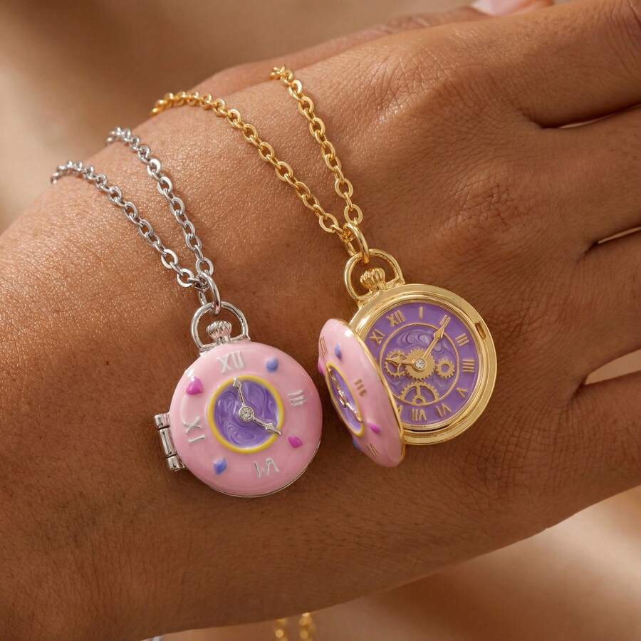 Openable Enamel Pocket Watch Locket Necklace, Gold/Silver Plated Whimsical Clock Charm Pendant, Cute Alice In Wonderland Inspired Jewelry For Women - Dây chuyền đồng hồ bỏ túi bằng bạc - Xem 1