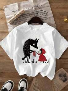 Short-Sleeved T-Shirt With Cartoon Print, White Summer - White - View 8