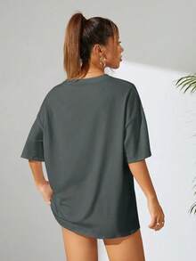 Floral Print T-Shirt, Drop Neck, Graphic, Tops For Women - 深灰色 - 查看 2