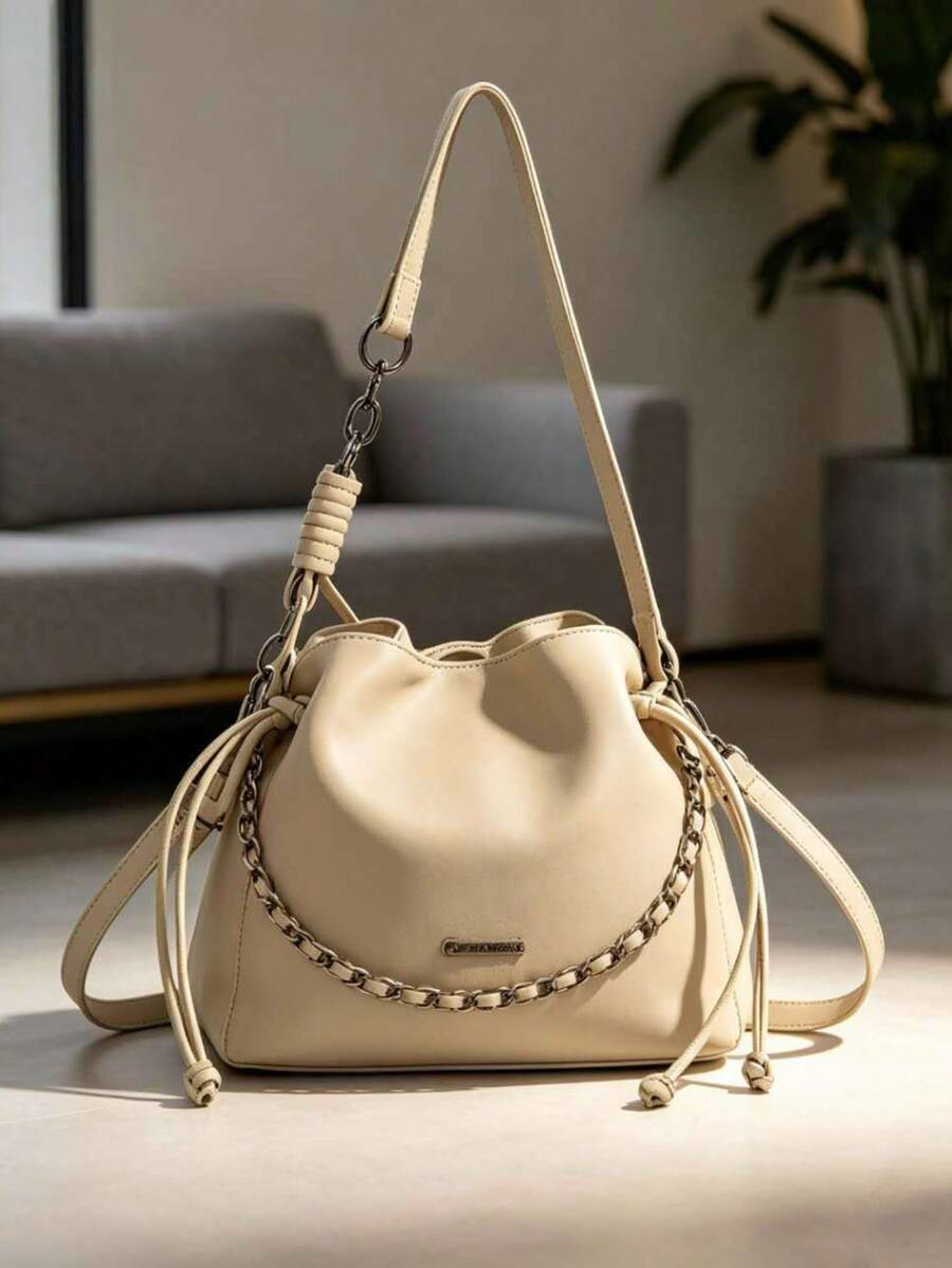 Women's Bucket Bag With Crossbody Chain Strap - Casual And Versatile Style - Apricot - View 1