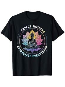 Camiseta de Yoga Espiritual - Frase motivadora "Espera con ansias lo que viene, sé agradecido por todo", diseño floral vibrante, suave 100% algodón, camiseta transpirable de cuello redondo, adecuada para actividades diarias, ropa casual, ropa transpirable. |   Camiseta con Frase Motivacional |   Ajuste cómodo - Negro - Ver 6