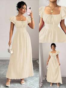 Nuevo vestido elegante para mujer con cuello cuadrado, mangas con volantes en capas, lazo en la parte delantera, diseño de lazada en la espalda, cintura entallada, diseño estilizante y de moda para jóvenes - Albaricoque - Ver 12
