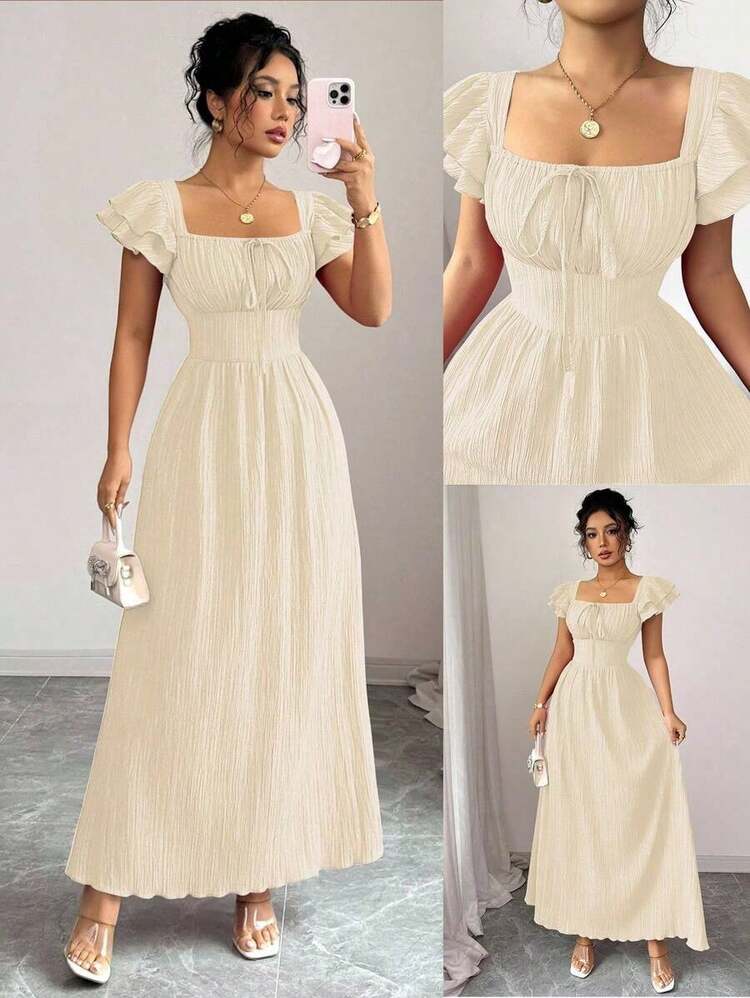 Nuevo vestido elegante para mujer con cuello cuadrado, mangas con volantes en capas, lazo en la parte delantera, diseño de lazada en la espalda, cintura entallada, diseño estilizante y de moda para jóvenes - Albaricoque - Añade 12