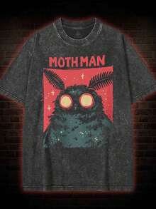Camiseta de hombre 100% algodón lavado, negra, con estampado gráfico de Mothman, estilo vintage, transpirable, de alta calidad, en promoción. - Negro - Ver 8