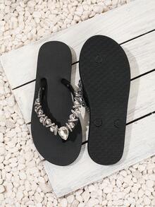 Evertop Surf New Arrival Spring/Summer Sparkling Rhinestone Sandals, Flat Thong Slippers, Fashionable Jeweled Outdoor Slip-On Beach Flip Flops For Women - Black - View 7