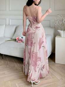 Vestido de verano casual de tirantes con cuello drapeado, cintura fruncida y estampado de malla para mujer - Rosa - Ver 2
