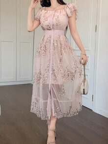 Vestido de tirantes, con volantes, estampado floral diminuto, con cuello de pico, estilo para ir al trabajo, vestido largo - Rosa - Ver 4