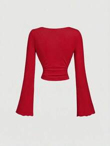 Conjunto de camiseta de manga larga ajustada con cuello de volantes, mangas acampanadas y plisadas en 3 colores - Rojo - Ver 2