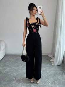 Mono elegante y versátil de uso diario para mujer con tirantes, top tubo de malla bordada, cintura ajustada y piernas acampanadas, para primavera/verano - Negro - Ver 3