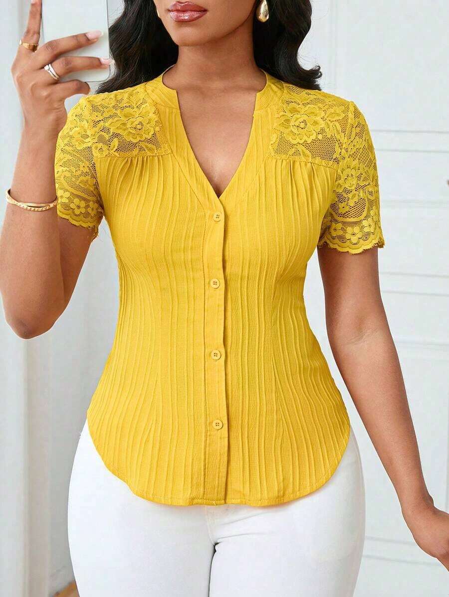 Camisa casual de mujer de unicolor y estilo simple para uso diario, verano - Amarillo 2 - Ver 1