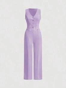 Juego De Dos Piezas Para Mujer Con Chaleco Y Pantalones De Color Sólido - Púrpura malva - Ver 1