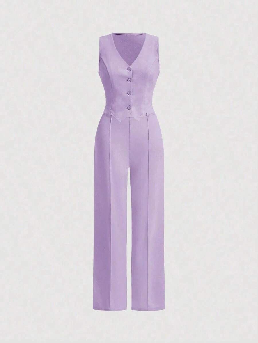 Juego De Dos Piezas Para Mujer Con Chaleco Y Pantalones De Color Sólido - Púrpura malva - Ver 1