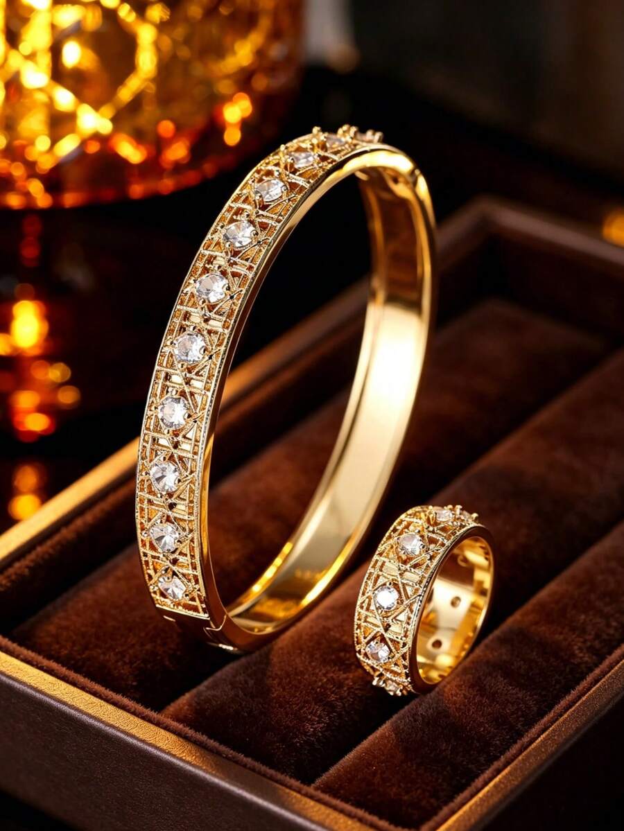 1 Set Luxury Retro Grid Bracelet & Ring Set, Niche Design Versatile Gold & Silver Jewelry - S63007-jZ24003 - View 1