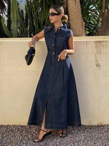 Vestido de mezclilla de unicolor con cuello y cintura ceñida sin mangas para mujer - Azul - Ver 6