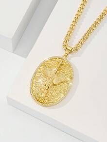 1pc Vintage Gold-Tone Cross & Shield Pendant Necklace With Cubic Zirconia, Suitable For Christmas/Thanksgiving/Halloween/Mother's Day/Valentine's Day, Gifts For Couples/Friends/Godparents, Catholic First Communion, Daily & Holiday Wear - Yellow Gold - View 4