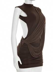 Vestido ajustado envolvente verano nuevo unicolor sin mangas con cintas irregulares y espalda descubierta estilo europeo elegante moda femenina de - Marrón - Ver 8