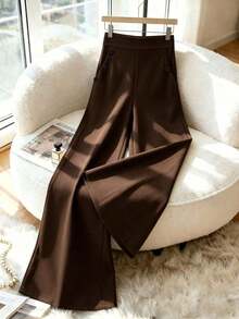 Nuevos pantalones de estilo coreano de primavera/verano, minimalistas y elegantes, de lino a rayas azul y blanco, de cintura alta, estilizadores, de pierna recta y sueltos, informales para mujer - Marrón - Ver 8