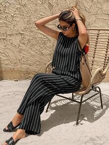 Frenchy Conjunto de 2 piezas de top sin mangas de cuello redondo a rayas y shorts para mujer, casual de verano - Negro - Ver 8