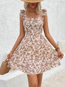 Vestido con estampado floral, dobladillo calado con volantes decorados, atuendo de vacaciones y playa para mujeres - Azul - Ver 10