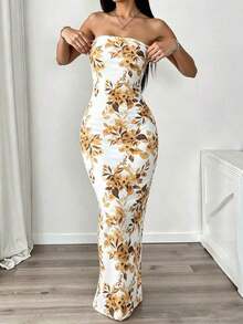 Vestido midi ajustado bandeau con estampado floral, estilo de vacaciones en la playa para mujer - Multicolor 11 - Ver 4