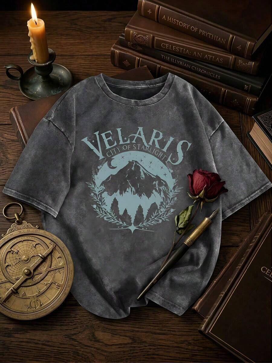 Velaris ACOTAR, Velaris City Of Starlight, Women's Black Washed Crew Neck Short Sleeve T-Shirt, Slim Fit, Punk Style, Versatile, Korean Style, Comfortable, Retro, Y2k Style, From The Washable Retro Series Of Pure Cotton T-Shirts, Makes It Easy To Create Retro Casual Wear. They Are Suitable For Daily Commutes, Leisure Outings, And Everyday Outfits. Classic Retro Style Women's Clothing - 灰色 - 查看 1